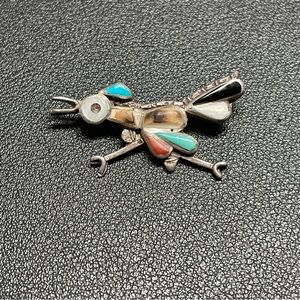 OLD PAWN STERLING SILVER TURQUOISE CORAL ONYX MOP INLAID ROAD RUNNER PIN BROOCH